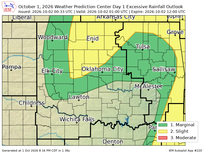 OUWEATHERBOT's tweet photo. WPC issues Day 1 Slight Risk Excessive Rainfall Outlook at Oct 2, 0:33z for OUN https://t.co/XKqfAyOoXI https://t.co/OgFNgQrRVP