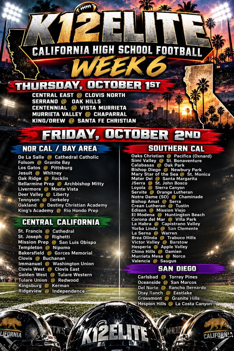 K12Elite's tweet photo. Notable HS football games in California this week!
@CalHiSports @vcspreps @latsondheimer https://t.co/SKHMs7cSm1