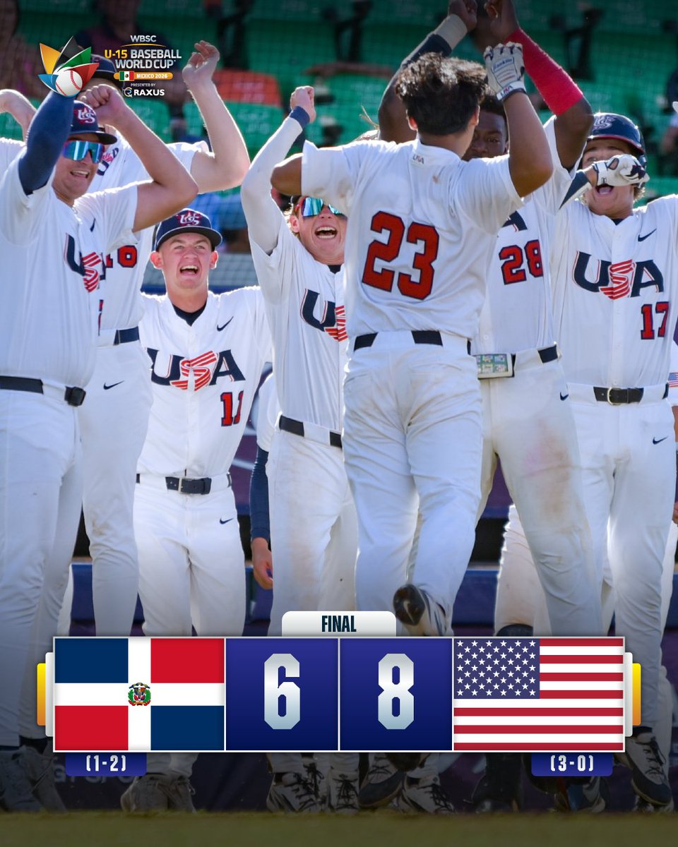 WBSC's tweet photo. 🇺🇸 Huge win for USA as they remain unbeaten!
WBSC U-15 Baseball World Cup presented by RAXUS
#BaseballWorldCupU15 https://t.co/YkZMdQ0tL1