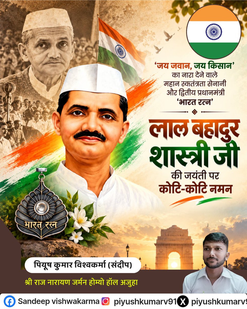 PiyushKumarVis6's tweet photo. 'जय जवान-जय किसान' के उद्घोष से देश के सैनिकों व अन्नदाता किसानों में अदम्य ऊर्जा भरने वाले, पूर्व प्रधानमंत्री, 'भारत रत्न' लाल बहादुर शास्त्री जी की ��ावन जयंती पर विनम्र श्रद्धांजलि। https://t.co/cr5N4ndNrt