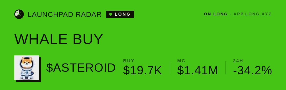 LongLaunches's tweet photo. 🐋 WHALE BUY on LONG
$19.7K of $ASTEROID just got bought in a single swap
MC $1.41M · https://t.co/MLcZkcMnCS
Tx: https://t.co/HTCThIoQEu
#LaunchpadRadar #TokenizedStocks https://t.co/G8rgfHQhoj