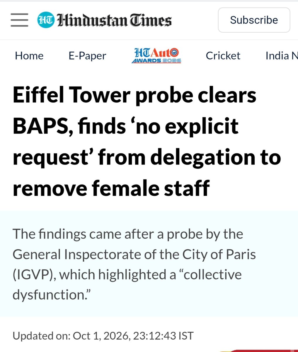 BeingPolitical1's tweet photo. Eiffel Tower probe clears BAPS.

No explicit request to remove female staff. The request only concerned avoiding physical contact between religious figures and women. 

The message got distorted by word-of-mouth, and the outrage was built on that. https://t.co/OH1KklJt6k