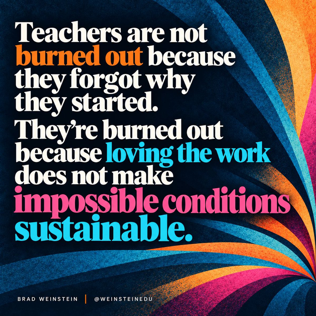WeinsteinEdu's tweet photo. A teacher can love the classroom and still be worn down by what the job keeps asking them to carry.

Commitment does not cancel out overloaded schedules, constant new demands, weak follow-through, or the feeling that every problem eventually lands on the teacher.

When people are exhausted, reminding them why they started may sound encouraging, but it does not fix what is making the work harder to sustain.

Sometimes the better question is not, “Do teachers still care?”

It is, “What are we asking them to keep carrying?”