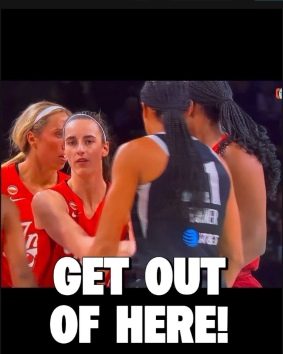 Two Indiana Fever players in red jerseys confront two Las Vegas Aces players in dark jerseys during a tense WNBA playoff moment, with bold white text overlay reading "GET OUT OF HERE!" The image visually captures the intensity and competitiveness suggested by the post about Caitlin Clark pushing a former teammate out of the huddle.