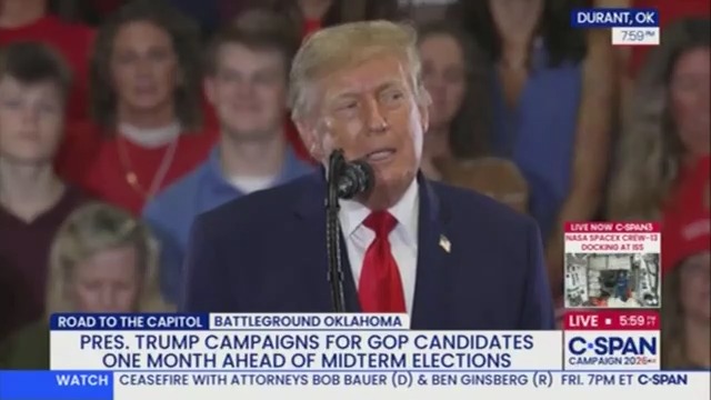 A C-SPAN broadcast screenshot showing Donald Trump speaking at a rally, with the lower third reading 'PRES. TRUMP CAMPAIGNS FOR GOP CANDIDATES ONE MONTH AHEAD OF MIDTERM ELECTIONS' in 'BATTLEGROUND OKLAHOMA'.