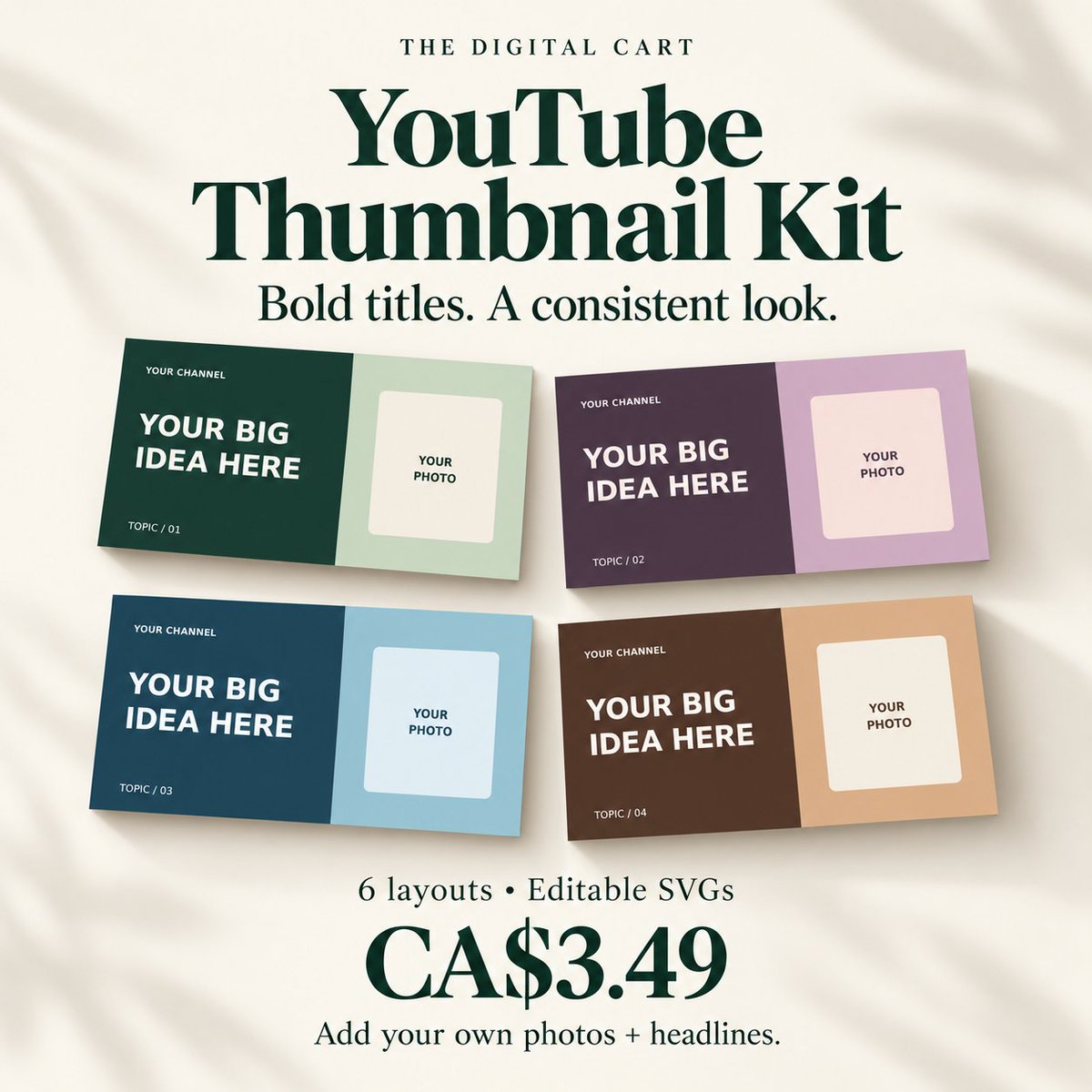 getlockcart's tweet photo. Bold titles. A consistent look. ✨

6 YouTube thumbnail layouts with editable SVG files. Add your own photos, headlines and channel name.

CA$3.49 for the downloadable pack.

Shop through the link in my bio → Templates → YouTube Thumbnail Kit.

https://t.co/BpUnRVD4c8 https://t.co/GzJoPItaGB