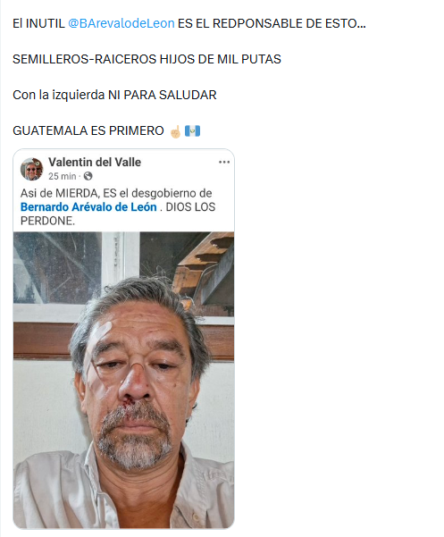El_Imparcialgt's tweet photo. 🚨URGENTE ATACAN AL HÉROE NACIONAL VALENTIN DEL VALLE 

Circulan imágenes de agresión contra el héroe que enfrento  Sergio Morataya. 

Así responde el gobierno a la disidencia política, a la diferencia, a la libre expresión

ESTO NO PUEDE QUEDAR IMPUNE 

EL LLAMADO ES A UNIRNOS! VALENTIN SOMOS TODOS!
 
La pregunta es: 

¿Quién cree usted que cometió esta agresión?