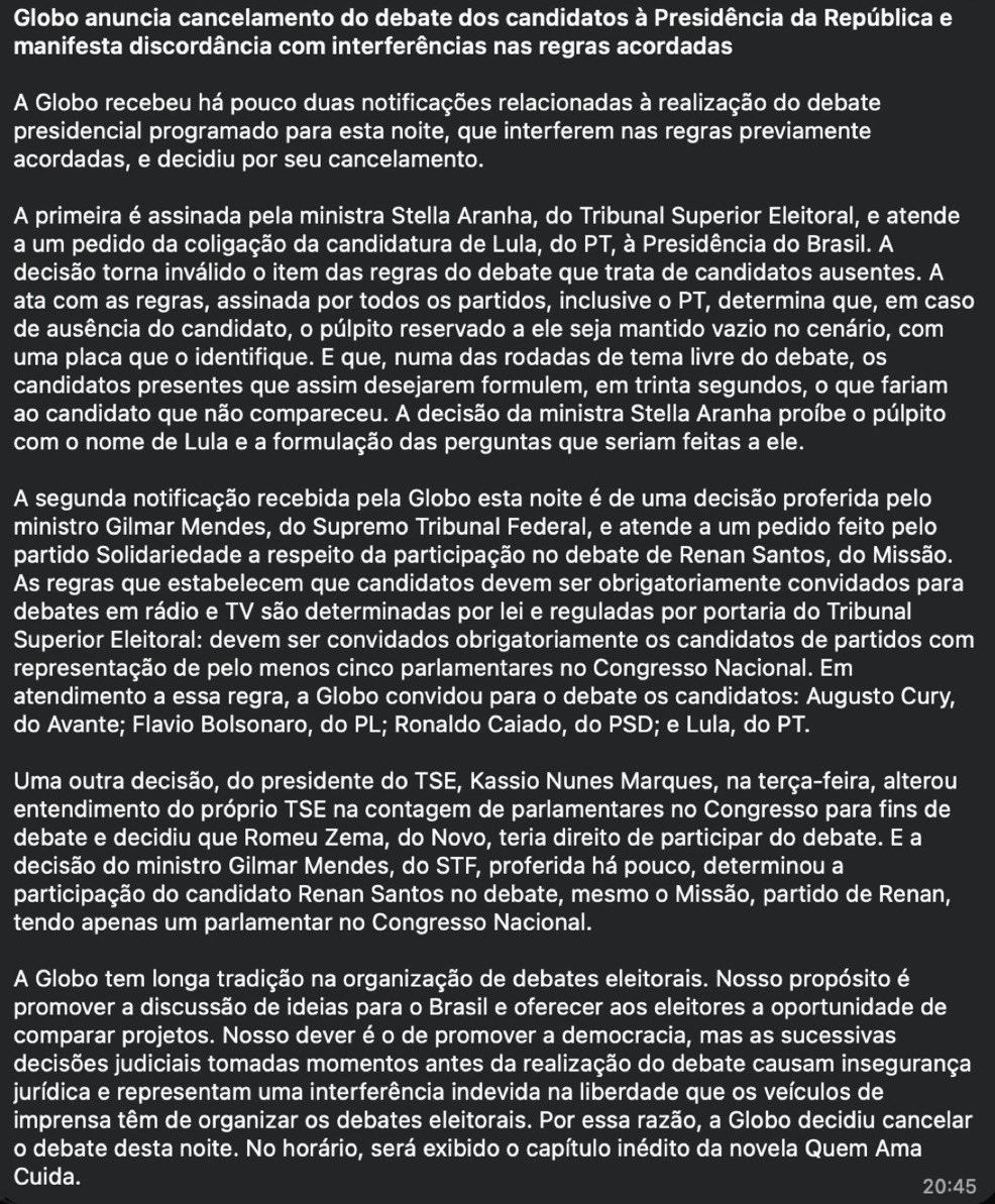juan_c_matos's tweet photo. É justo a Globo criticar a interferência no seu direito de formatar o debate.

Mas é balela a parte que a Globo diz promover democracia. Não foram democráticos ao não convidar o candidato em terceiro nas pesquisas para se submeter às exigências de candidatos que lideram as pesquisas e querem evitar o contraditório.

Terão que viver com mais essa mancha na história.
