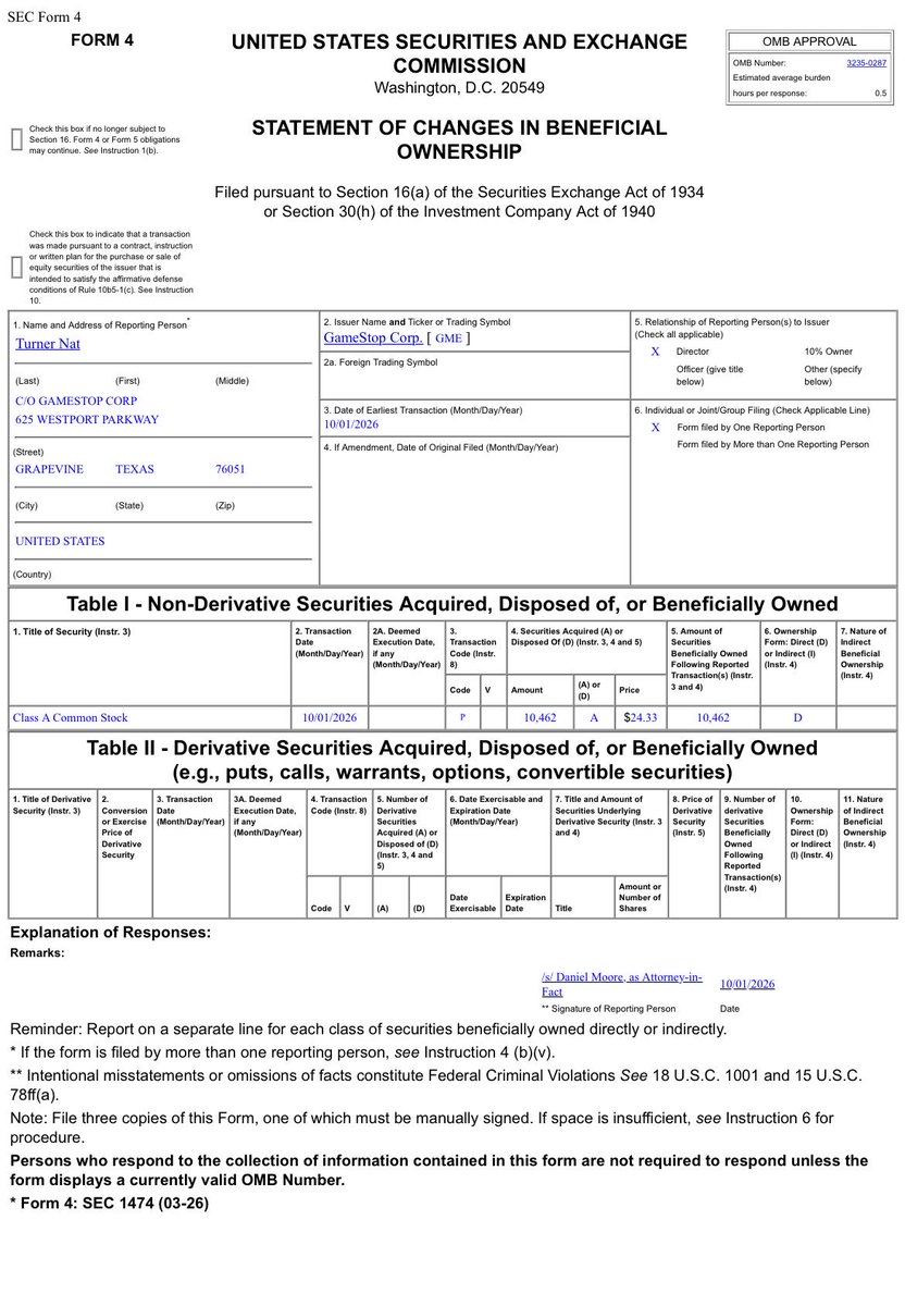ReesePolitics's tweet photo. Breaking: GameStop Insider Nat Turner buys his first $GME shares taking a 10,462 share position according to a SEC Form 4. Welcome aboard, Nat. https://t.co/u10jKQYA8D