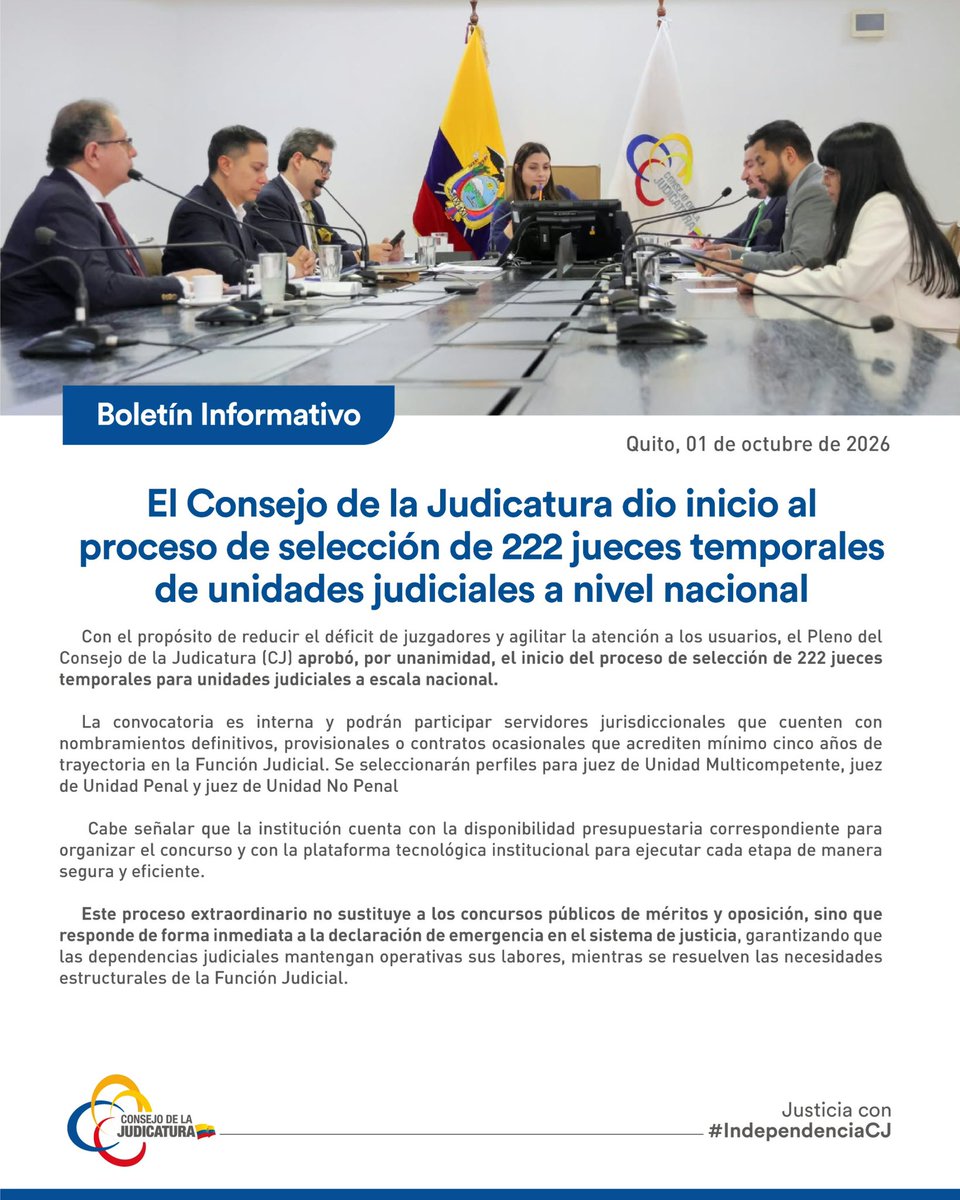CJudicaturaEc's tweet photo. 📰 | #BoletínCJ 

El Consejo de la Judicatura dio inicio al proceso de selección de 222 jueces temporales de unidades judiciales a nivel nacional. 

🔗 Conoce los detalles aquí: https://t.co/1VWWRx96fX

#JusticiaConIndependenciaCJ ⚖️ https://t.co/2kQvtNipLd