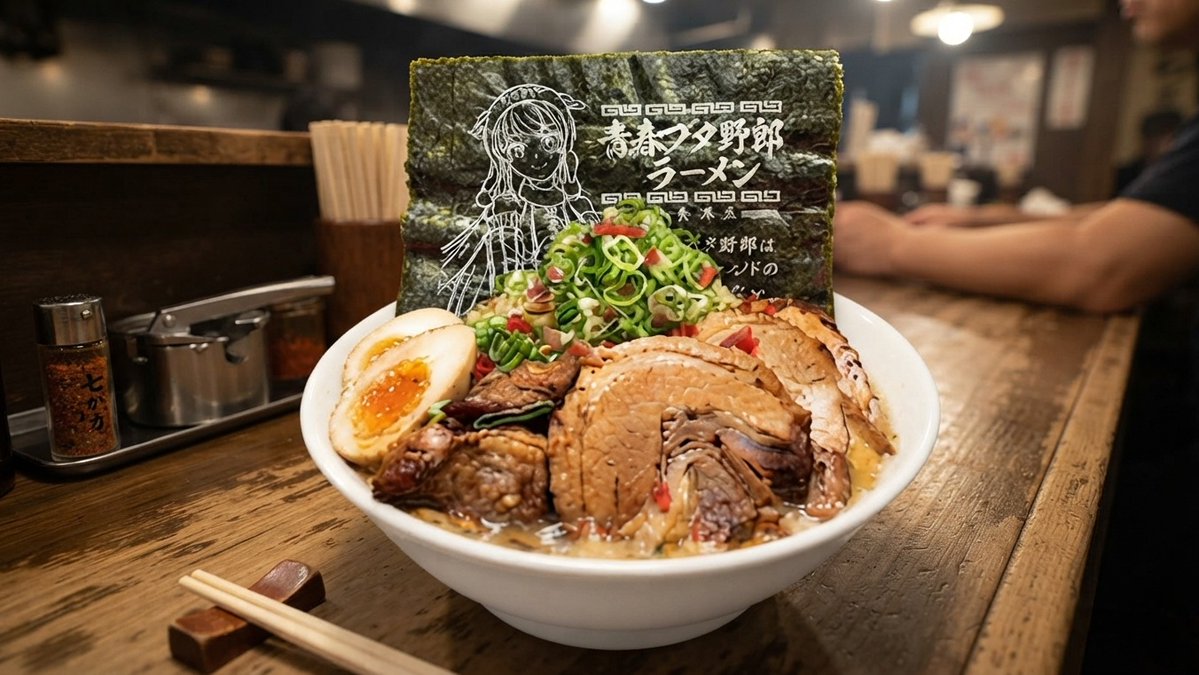 Kuzzila_chan's tweet photo. 『#野郎ラーメン と #青春ブタ野郎はディアフレンドの夢を見ない コラボ！』
この話題を題材に、美少女に釣られた男が野郎の洗礼を受ける様子を描く、架空で空想だけど現実感のあるショートストーリー。『青ブタ目当ての男が野郎ラーメンでニンニクに溺れる日』を創ってみた！
https://t.co/q7JlfnA1CY https://t.co/8tttzF6YjL