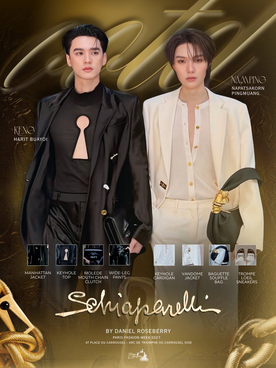 KengNampingLand's tweet photo. Bonjour 🇫🇷✨

น้องถั่วจะพาพี่โอ๋โอ๋ทุกคนมาชมลุคของเก่งน้ำปิงจาก Schiaparelli ที่ได้รับเกียรติจากคุณ Daniel Roseberry ครีเอทีฟไดเรกเตอร์และดีไซเนอร์ของแบรนด์มาช่วยฟิตติ้งด้วยตัวเอง เรียกได้ว่าพิเศษสุด ๆ เลยล่ะ ☁️🙏🏻

ครั้งนี้พี่เก่งน้องน้ำปิงมาในคอนเซปต์หยินหยางสุด ๆ พี่เก่งมาในลุค Keyhole Top, Manhattan Jacket และ Wide-leg Pants เสริมความโดดเด่นด้วย Molded Mouth Chain Clutch ส่วนน้องน้ำปิงมาในลุค Vendôme Jacket, Keyhole Cardigan และ Boyfit Pants พร้อม Baguette Soufflé Bag ปิดท้ายด้วยรองเท้าผ้าใบ Trompe-l’œil สีขาวนวลที่มาพร้อมดีเทลนิ้วเท้าสีทองสุดไอคอนิก ลวดลายสายวัด Mètre Ruban และรอยประทับฝ่าเท้าใต้พื้นรองเท้า  ✨

ต้องบอกเลยว่าเก่งน้ำปิงถ่ายทอดความเป็น Schiaparelli ออกมาได้อย่างมีเสน่ห์ ทั้งสองคนทำให้ทุกลุคมีชีวิตชีวา สมกับเป็นแฟชั่นชั้นสูงที่ผสานเข้ากับเสน่ห์ของแต่ละคนได้อย่างลงตัว 💗🙌🏻

KENG NAMPING IN PARIS FW27 #SchiaparellixKENGNAMPING
#kengnamping #Schiaparelliㅤㅤㅤ
#KengHarit #nampingster