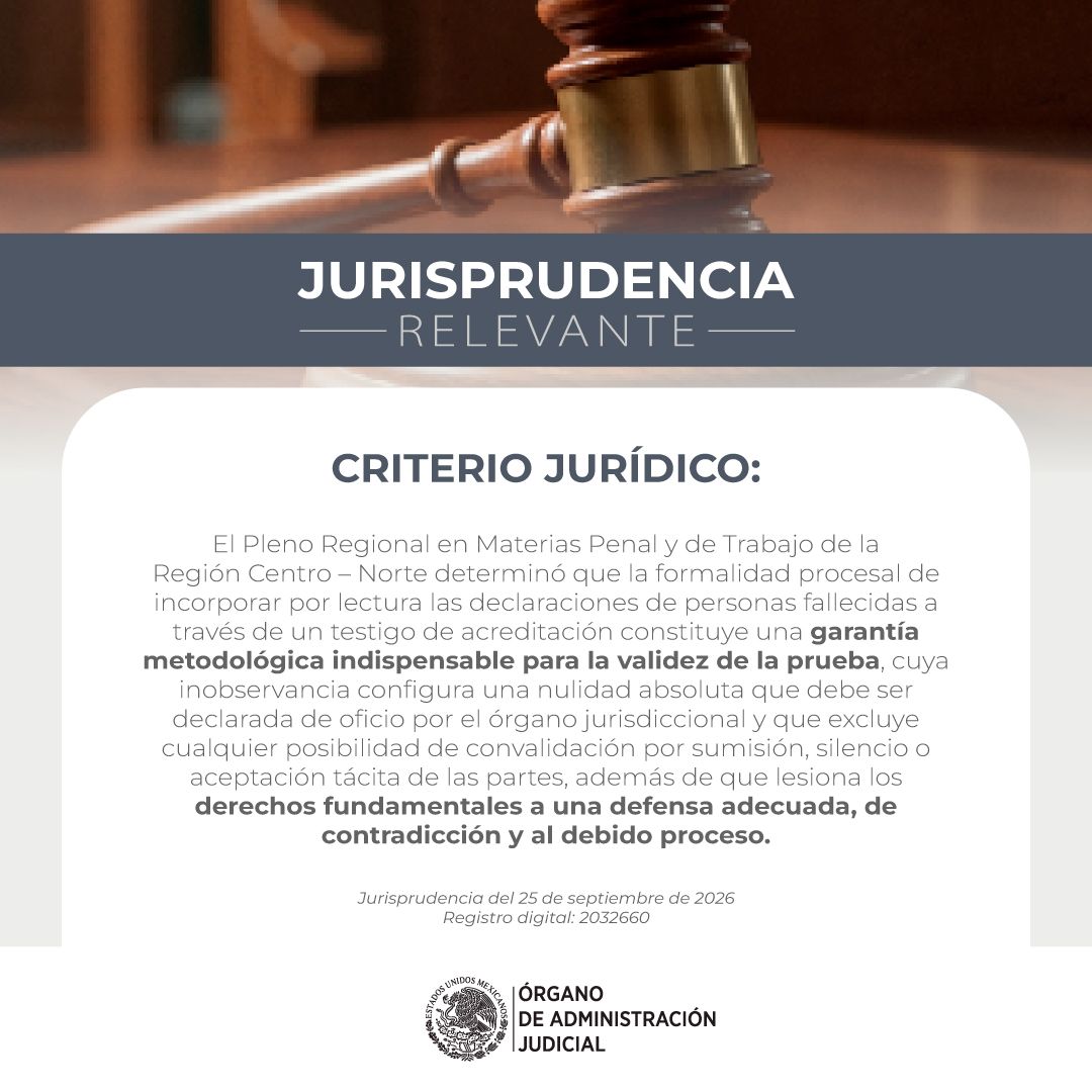 OAJ_Mex's tweet photo. #JurisprudenciaRelevante ⚖️ | La incorporación por lectura de declaraciones de personas fallecidas, a través de un testigo de acreditación, es indispensable para validar la prueba. Su inobservancia genera una nulidad absoluta de oficio y no es convalidable.

Accede a la jurisprudencia 📃 👉 https://t.co/R8RjQxVRoU