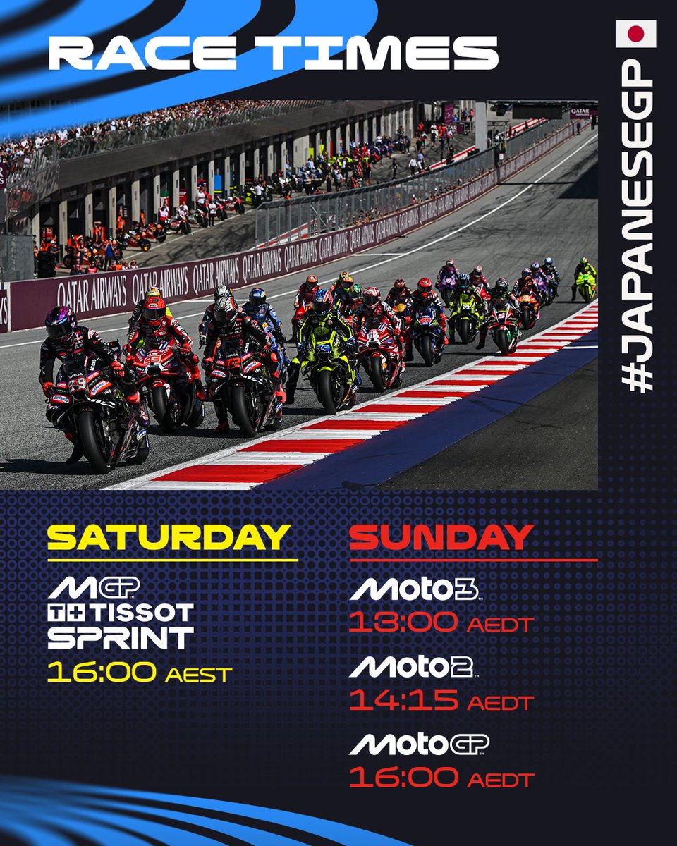 ausmotogp's tweet photo. Some fantastic times for Aussies watching #MotoGP this weekend 🤩🇯🇵

*Note that daylight savings begins on Sunday night for some fans ⏰

#JapaneseGP https://t.co/VEXQScx5Sy