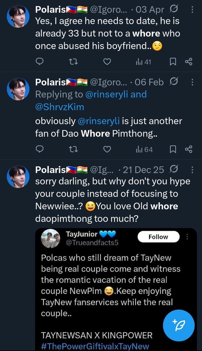 usojin_'s tweet photo. Igorotaaki acts like an angel defending Newwiee from all the nasty comments about his relationship but you were the one calling Dao an “old whore” yourself🤣🤣🤣 https://t.co/CrUS4jGHor