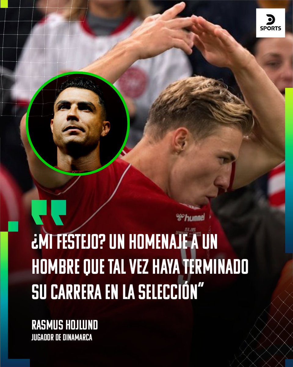 DSports's tweet photo. "NO TIENE QUE VER CON UNA FALTA DE RESPETO, ES MI GRAN ÍDOLO" 💬🇩🇰

⏩ Rasmus Hojlund, delantero de Dinamarca, explicó que su festejo a lo Cristiano Ronaldo fue especialmente por él, haciendo referencia al conflicto que vive en la Selección de Portugal. https://t.co/yh9aozHW0Z