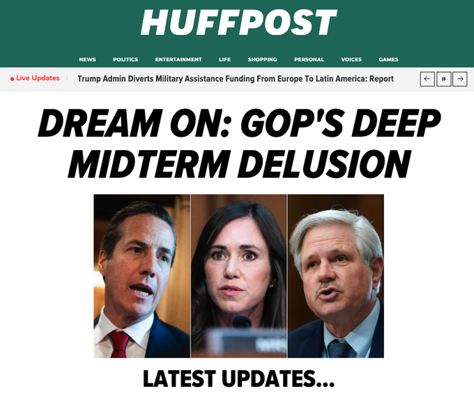 A HuffPost article screenshot with the headline 'DREAM ON: GOP'S DEEP MIDTERM DELUSION' showing three side-by-side photos of political figures and the text 'LATEST UPDATES...' below.