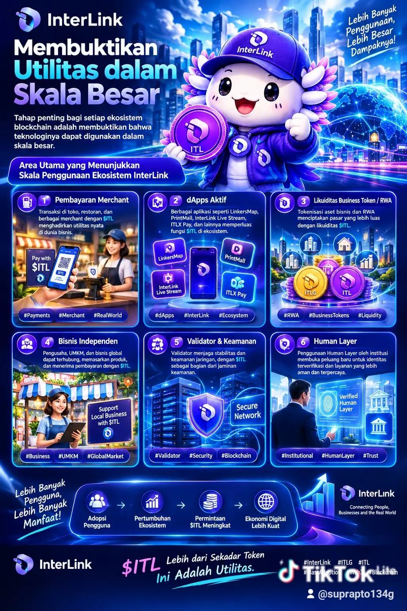 Suprapt59801861's tweet photo. Tahap penting blockchain adalah buktikan teknologi bisa dipakai skala besar. Payment merchant, dApps aktif, likuiditas Business Token/$ITL, bisnis independen, validator &amp; Human Layer jadi area yg tunjukkan perkembangan nyata.
#InterLink #ITLG #ITL #MassAdoption #Web3 #Blockchain https://t.co/Qoieh1w1Z7
