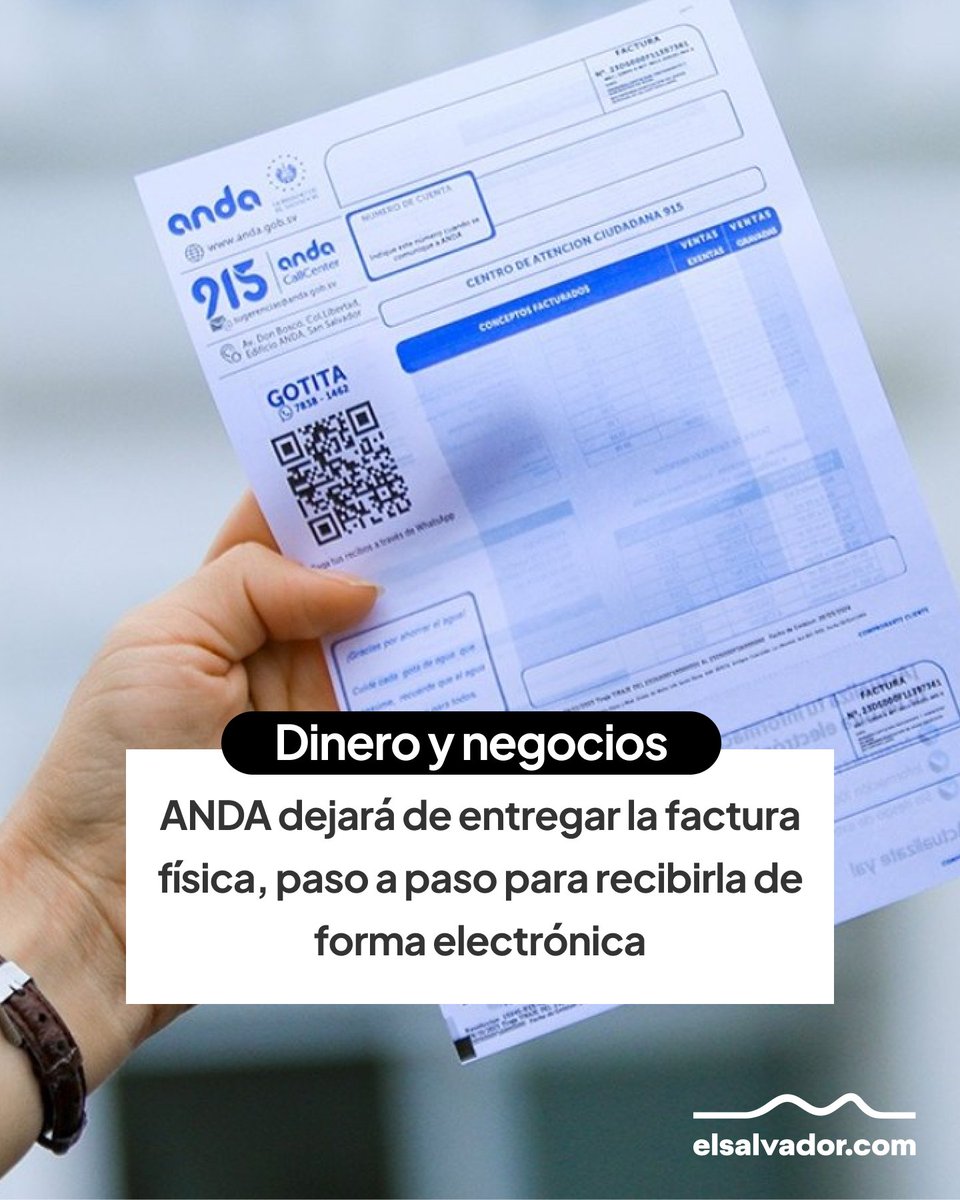 elsalvadorcom's tweet photo. #DineroyNegocios | Los avisos sobre la migración a la facturación electrónica ya están llegando a las viviendas. ANDA explica que, una vez completado el registro, la factura física dejará de entregarse en el inmueble a partir del siguiente mes.

Lee más 👉 https://t.co/KbJTuK9THL https://t.co/sL4j53mmeR