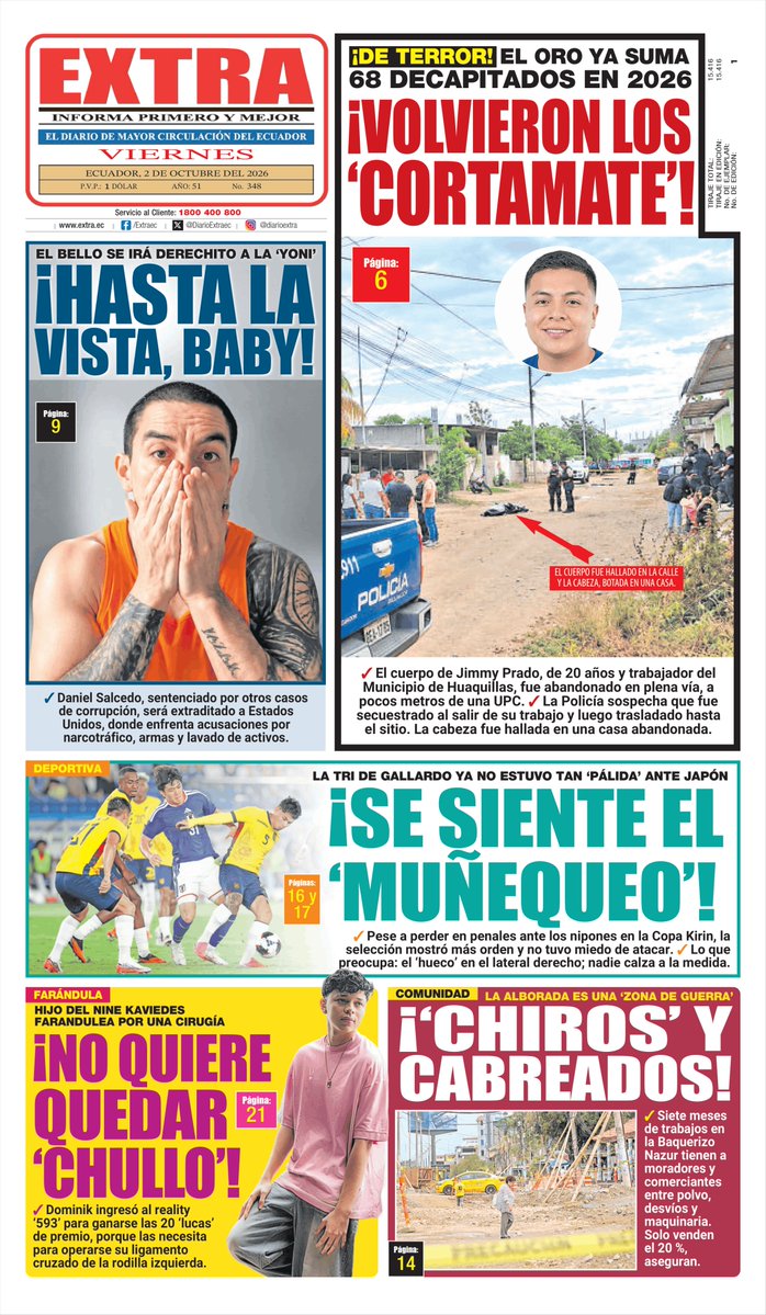 DiarioExtraEc's tweet photo. 🌛 ¡Buenas noches! Ya está lista la #PortadaEXTRA de mañana, viernes 2 de octubre de 2026. No olvides ir por tu ejemplar y mira en https://t.co/B6atVw0QGI las noticias 'más pepas' del día. https://t.co/L8unL9Ey5r