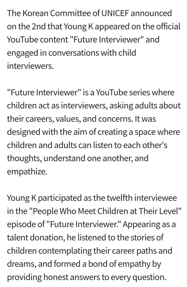 bassistadmirer's tweet photo. DAY6's Young K Donates Talent to UNICEF's 'Future Interviewer'
🔗https://t.co/a9phAjUEcb

The Korean Committee of UNICEF announced on October 2nd that Young K appeared on the official YouTube content 'Future Interviewer' and engaged in conversations with child interviewers. https://t.co/e7Q2pH72Iz
