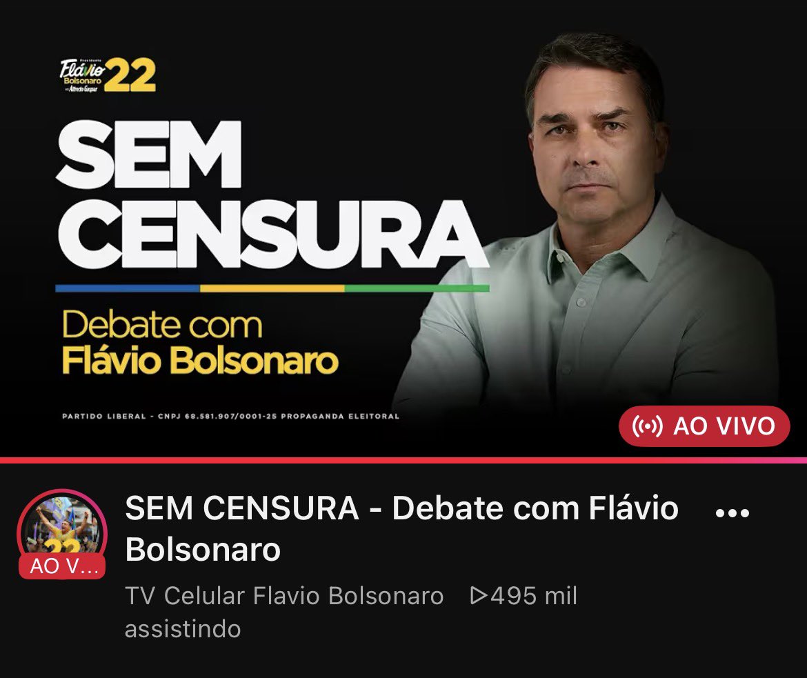 Alexmorettibr's tweet photo. 500 mil aparelhos conectados assistindo Flávio Bolsonaro no youtube após o regime de Lula censurar o debate na Rede Globo. https://t.co/yL9IgbN2C4