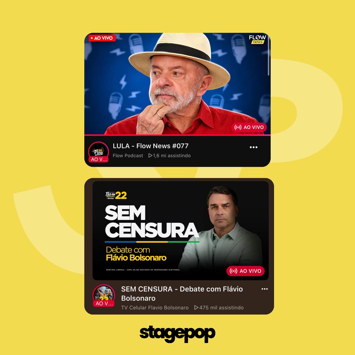 stagepopbr's tweet photo. Flávio Bolsonaro decide realizar uma live de debate no YouTube simultaneamente à participação de Lula no Flow Podcast e fracassa na audiência. https://t.co/6q0NskB8Bv