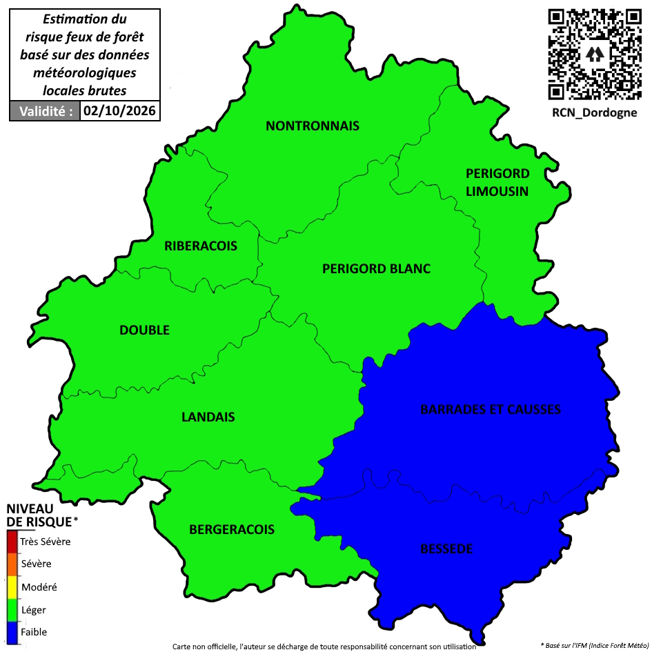 RCN_Dordogne's tweet photo. ℹ️ [PREVENTION]

🔥 Estimation* du risque #FeuxDeForêt (#IFM) par massif forestier en #Dordogne pour 24h du 01 au 02/10/2026 à 18h (16h UTC)
+ Météo des forêts Météo-France pour 48h.
#FDF2026 #EFFIS #DFCI

📲💻 Toutes vos infos : https://t.co/XXSZdJi8gq

* https://t.co/uwhaiV1eES https://t.co/EbLGxj8HDY