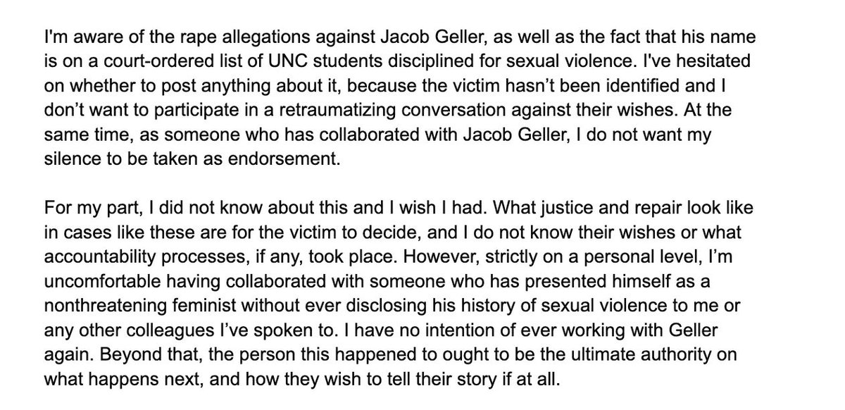 SpicyCurty's tweet photo. My thoughts on this are pretty similar to this statement I saw from someone named Sarah Z. (Minus any personal relationship obviously). Its really frustrating that this is all coming out without the actual victim’s input, because ultimately they are the one who dictate terms https://t.co/m8Dg9uz2mM