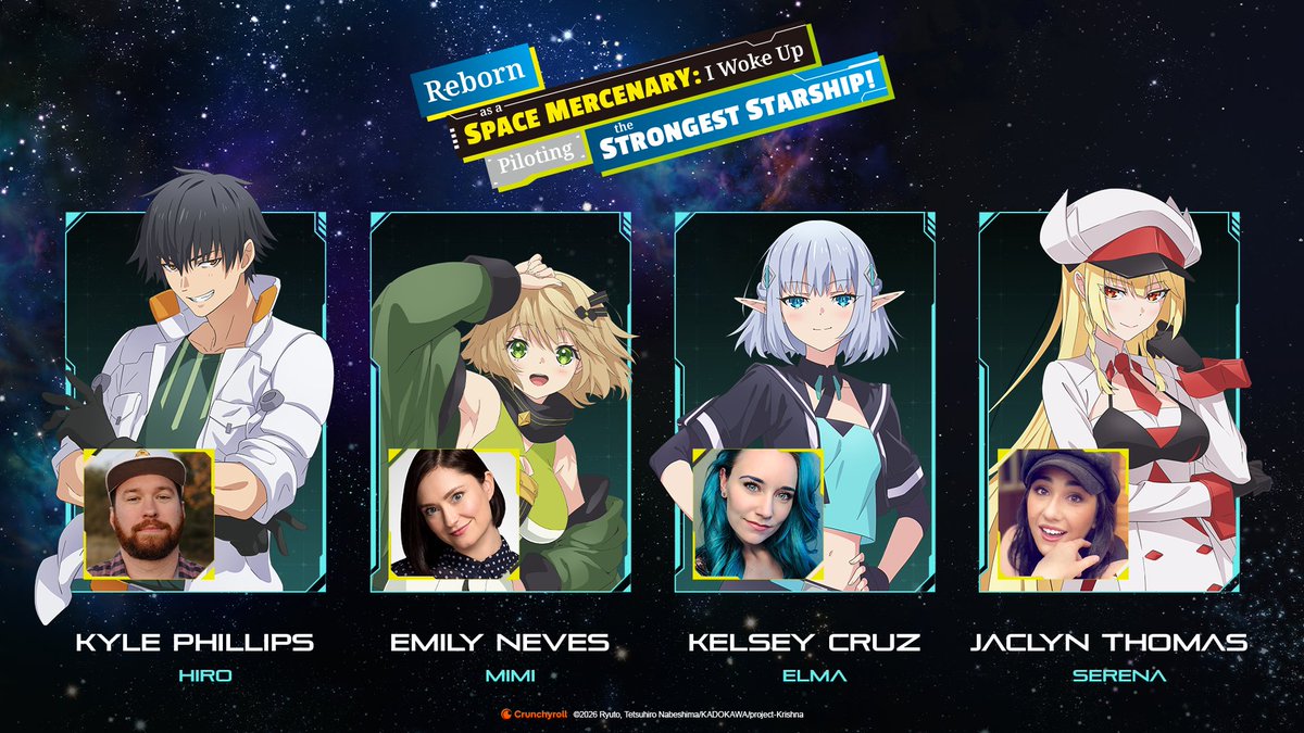 Crunchyroll's tweet photo. The English dub of Reborn as a Space Mercenary: I Woke Up Piloting the Strongest Starship! begins this Sunday alongside the sub! 💫

Hiro - @KylePhillipsFun
Mimi - Emily Neves
Elma - @KelseyCruzVO
Serena - @JaclynGThomas

✨ CAST &amp; CREW: https://t.co/Ph7FEUfLvF https://t.co/IfL45p1Q1v