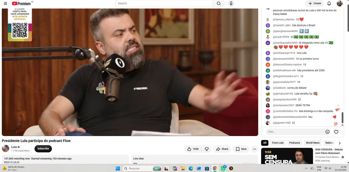 RodferBH's tweet photo. @l03n27 que deve ter robo eu nao duvido, soh nao sei de onde vem os  numeros que mostrou, agora nesse instante, 22:38,  tem 157 mil espectadores ao vivo.

PS: Estao no Palacio da Alvodara, em 2022 o Bolsonaro foi proibido de fazer live de lah, mas o molusco pelo visto pode. https://t.co/us2VTfkpMX