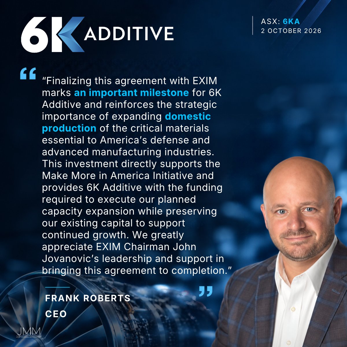 6KAdditive's tweet photo. 6K Additive (ASX:6KA) has executed a final US$27.4M loan agreement with the Export-Import Bank of the US (EXIM) to expand domestic manufacturing capacity at its Burgettstown, PA facility for nickel, titanium, and refractory powder production.

Read more: https://t.co/Ixa4XCz0Ya https://t.co/GTrR6JGRgr