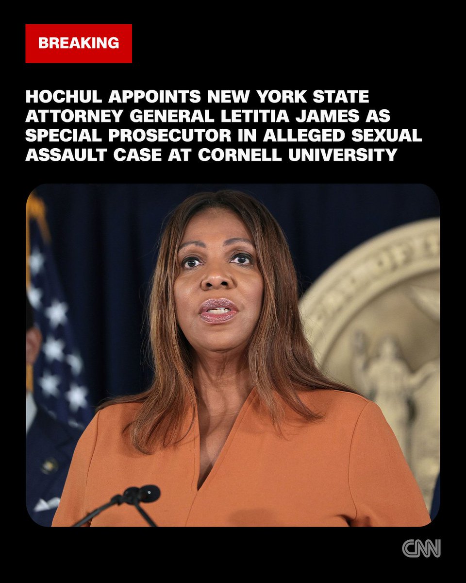cnnbrk's tweet photo. New York Gov. Kathy Hochul announced she is appointing New York State Attorney General Letitia James as special prosecutor in the alleged sexual assault case at Cornell University, saying new information “has raised serious questions about how this case was handled." https://t.co/JDRaivAi7h