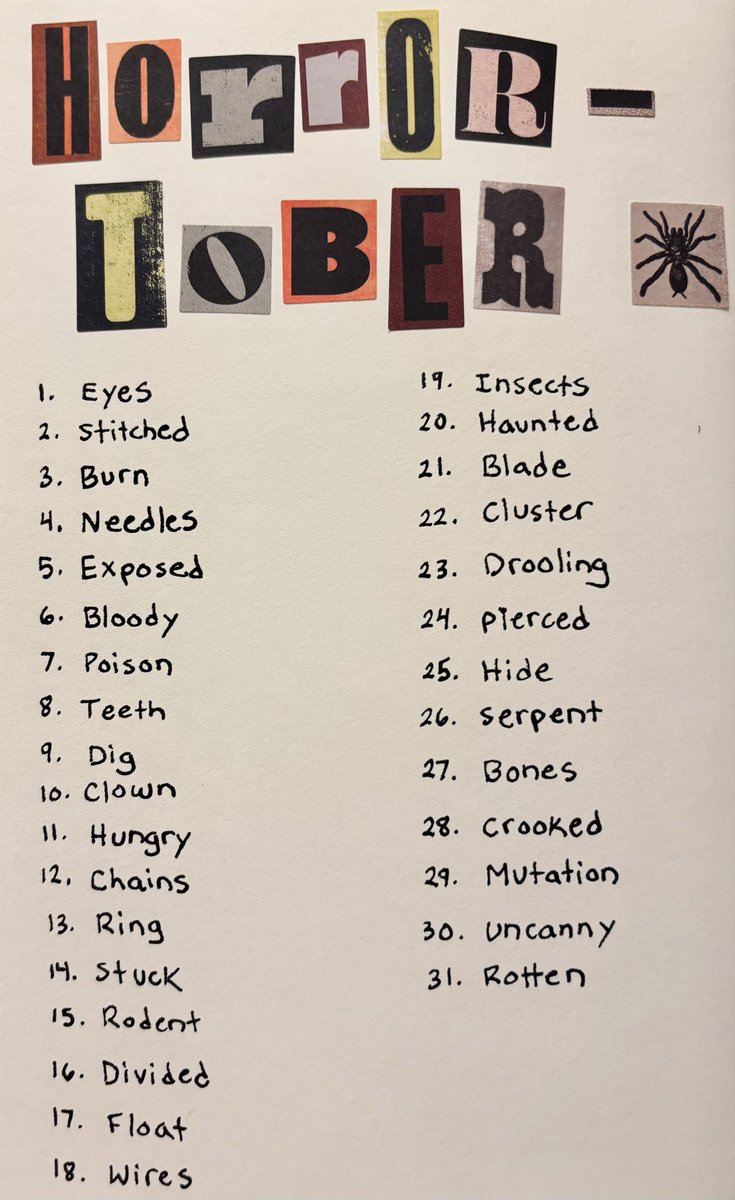 xray_artwork's tweet photo. Made my own inktober prompts this year and dubbed it “Horrortober”
Every day of October, I’ll be drawing a creepy illustration using only my ink pens and grayscale markers. Here’s the prompt list I made #inktober2026 https://t.co/z1RxTlJkKp
