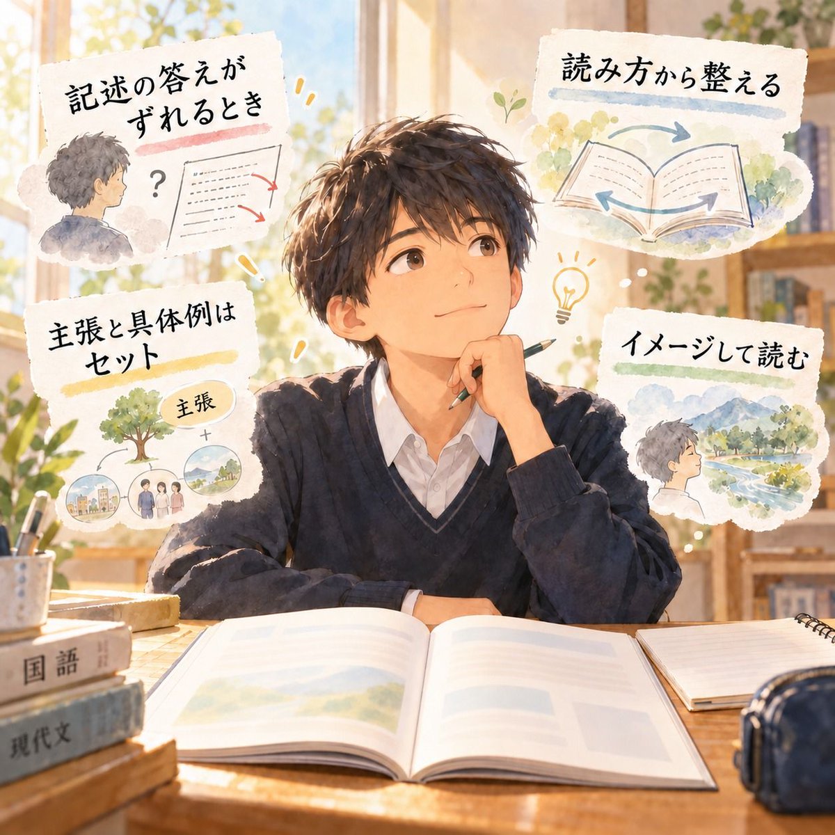 LiteraArts's tweet photo. 「考えたことはたくさんあるのに、
記述問題になると、答えがずれることがある」

中学3年生との授業で、そんな話になりました。

そこで今回は、答えの書き方ではなく、
いったん文章の「読み方」まで戻ってみることに。

本文をもう一度読んでみると、

「大切なことが前半に集まっている」
「主張と具体例って、セットになっているんですね」

と、生徒自身から次々に気づきが出てきました。

そして、

「主張だけではよく分からないときは、
具体例を読んでイメージすればいいのかも」

という、自分なりの読み方も見つかりました。

具体例は、ただ読み飛ばす部分ではありません。

抽象的な主張がつかみにくいとき、
「つまり、こういうことか」とイメージするための
大切な手がかりになることがあります。

国語の読解は、
書いてある言葉を機械的に拾うだけではなく、

「この人は、何を伝えたいのだろう」
「これは、どういうことだろう」

と、文章と少しずつ対話しながら読むことでもあります。

授業の最後、生徒が

「今のやり方を意識して、もう一問解いてみたい」

と言ってくれました。

「分かった」で終わるのではなく、
「試してみたい」に変わった瞬間。

こんなふうに、
自分なりの読み方を一つずつ見つけていけたらと思います。

#国語 #中学国語 #読解力 #記述問題 #リテラ