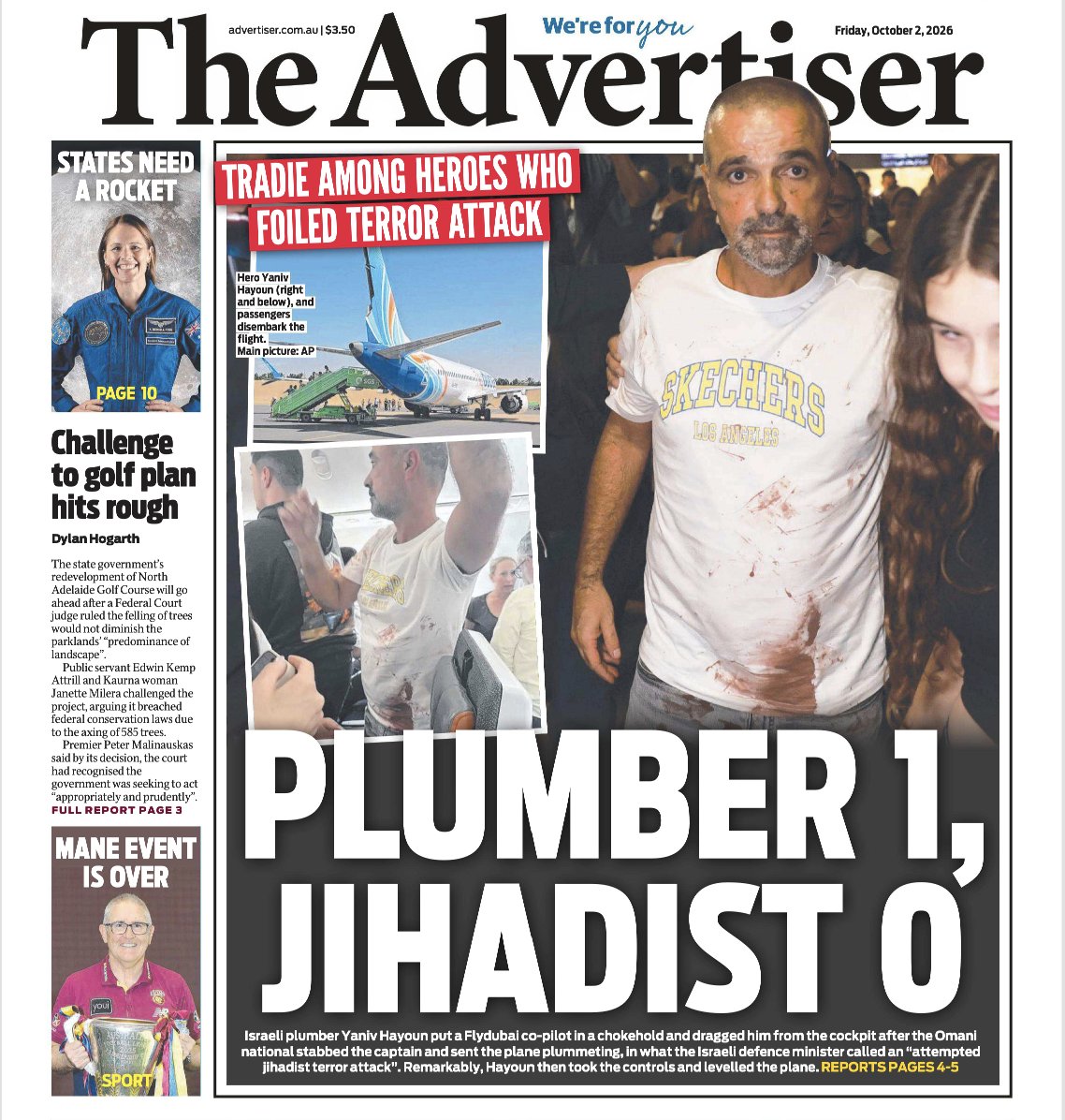 Ostrov_A's tweet photo. 'Plumber 1, Jihadist 0'.

🏆👨🏾‍🔧 Ok, winner for best newspaper front-page on the flyDubai hijacking, goes to @theTiser in Australia! https://t.co/VzuZaSuvee