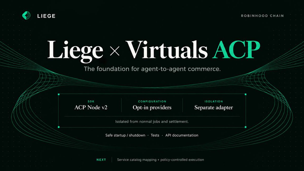 LiegeAgents's tweet photo. Liege now has an ACP adapter for @Virtuals_io on Robinhood Chain.

Built on the maintained ACP Node v2 SDK, it is opt-in and separate from Liege jobs and settlement.

Next, ACP offerings map into Liege’s service catalogue and policy-controlled jobs.

https://t.co/cdBSkR7VBk https://t.co/sFs8QazzH7