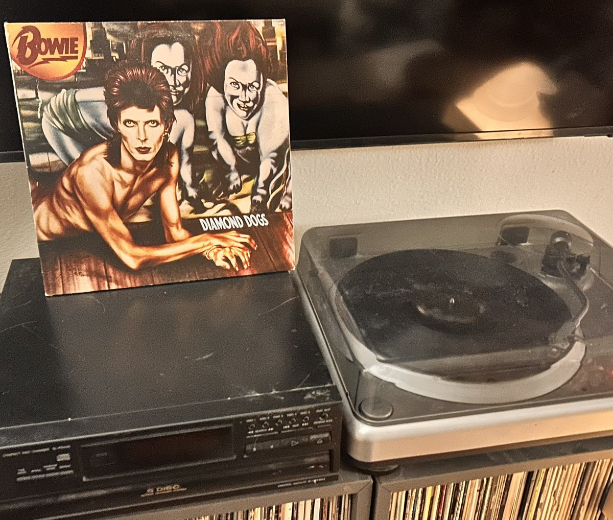DailyTurntable's tweet photo. Day 274 - Spinning at Daily Turntable, David Bowie - Diamond Dogs. Released in 1974, this was his 8th studio album. Conceived during a period of deep personal and creative transition, the album serves as his final farewell to the glam rock era before his shift into soul and funk. https://t.co/Tv4LwtOk9I