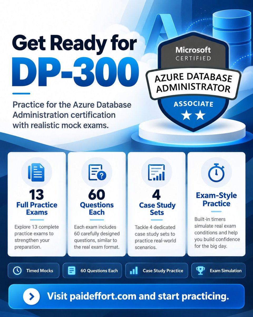 paideffort's tweet photo. Ace your DP-300 exam with 13 realistic practice exams and case studies!
👉 Practice: https://t.co/9GuZmEIIkt
🎥 Walkthroughs: https://t.co/22NDMJkLPt
#DP300 #MicrosoftAzure #AzureSQL #MicrosoftCertification #DatabaseAdministrator #AzureCertification #SQLServer https://t.co/lJCqiaVRlw