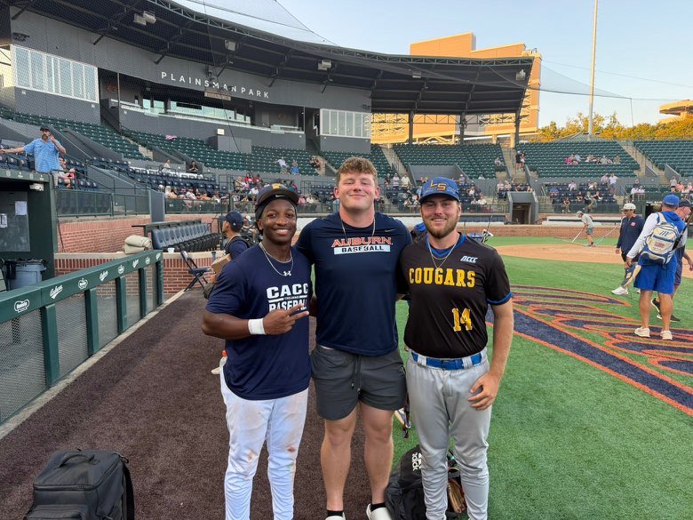 GdaleHSBaseball's tweet photo. Former Rockets competing at the next level!!! Caleb Banks (left) and CACC took on Braden Chapple (right) and Lawson State at Auburn today! Former Rocket and current Auburn Tiger, Caiden Combs, was on-hand for the action. Love seeing our guys succeed after HS! #HailtheDale https://t.co/TvNm7vod0E