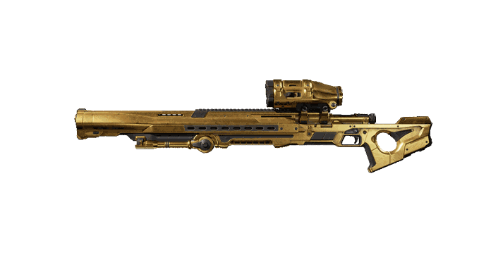 A futuristic gold and black sniper rifle or long-range weapon rendered against a black background, featuring a scope and skeletal stock.