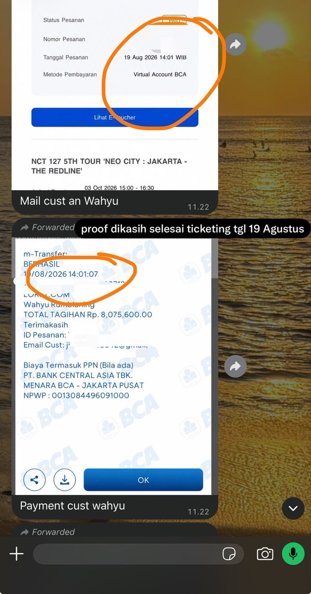 orange62011's tweet photo. wkwkwkw awalnya bilang kalau payment ku 14:01 

tapi aku beneran merasa aneh dan curiga pas udh keluar QN knp kok gede bgt 
okelah misal ada salah di D tp kayaa wvs presale 14:01 kenapa bisa 1100an almost 1200 Qn nya 

ternyata hari ini baru dikirim email dan bener payment bukan 14:01 tapi 14:11 wkwkwk
terus dari awal di edit gitukah proof wa dari loket + payment proof nya

aku dah lama kenal dia yaa btw dari tahun 2024 karena dia cust ticketbay dan reseller (?) ku jg dan selama kenal dan transaksi aku ga pernah macem macemin dia (naudzubillah ada niat jahat kedia pun engga sama sekali) + aku selalu fast respond ke dia

apaaaa aku yg salah yaa guyss…?? maksudnya apakah bisa jadi jam nya pasti ga sama antara payment proof sama yg ada di loket?
