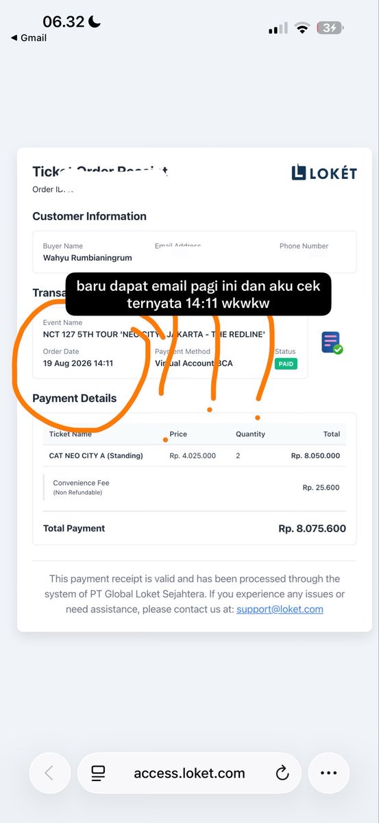 orange62011's tweet photo. wkwkwkw awalnya bilang kalau payment ku 14:01 

tapi aku beneran merasa aneh dan curiga pas udh keluar QN knp kok gede bgt 
okelah misal ada salah di D tp kayaa wvs presale 14:01 kenapa bisa 1100an almost 1200 Qn nya 

ternyata hari ini baru dikirim email dan bener payment bukan 14:01 tapi 14:11 wkwkwk
terus dari awal di edit gitukah proof wa dari loket + payment proof nya

aku dah lama kenal dia yaa btw dari tahun 2024 karena dia cust ticketbay dan reseller (?) ku jg dan selama kenal dan transaksi aku ga pernah macem macemin dia (naudzubillah ada niat jahat kedia pun engga sama sekali) + aku selalu fast respond ke dia

apaaaa aku yg salah yaa guyss…?? maksudnya apakah bisa jadi jam nya pasti ga sama antara payment proof sama yg ada di loket?