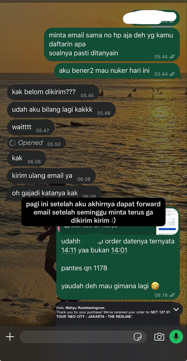 orange62011's tweet photo. wkwkwkw awalnya bilang kalau payment ku 14:01 

tapi aku beneran merasa aneh dan curiga pas udh keluar QN knp kok gede bgt 
okelah misal ada salah di D tp kayaa wvs presale 14:01 kenapa bisa 1100an almost 1200 Qn nya 

ternyata hari ini baru dikirim email dan bener payment bukan 14:01 tapi 14:11 wkwkwk
terus dari awal di edit gitukah proof wa dari loket + payment proof nya

aku dah lama kenal dia yaa btw dari tahun 2024 karena dia cust ticketbay dan reseller (?) ku jg dan selama kenal dan transaksi aku ga pernah macem macemin dia (naudzubillah ada niat jahat kedia pun engga sama sekali) + aku selalu fast respond ke dia

apaaaa aku yg salah yaa guyss…?? maksudnya apakah bisa jadi jam nya pasti ga sama antara payment proof sama yg ada di loket?