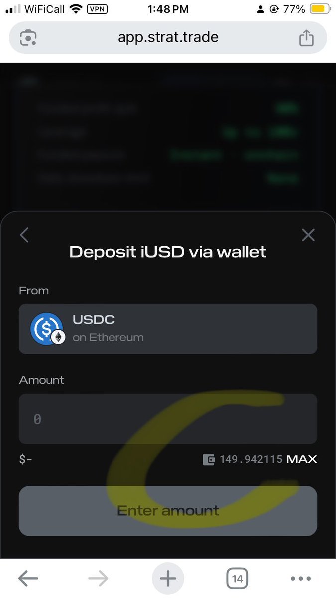 chaebolize's tweet photo. @Investing1981 @TradeOnStrat you can click max + confirm on this page and your 149.94 usdc will be sent over as iUSD on strat.

you can also get more live responses from the below gc.

https://t.co/PrZDApi1zD https://t.co/Csd9v2ARYf