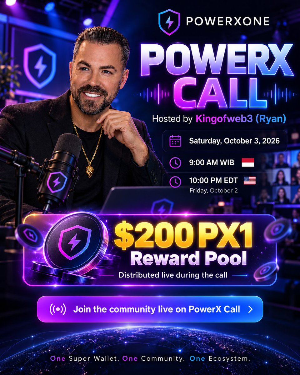 Powerxonewallet's tweet photo. 🚨 POWERX CALL — LIVE THIS SATURDAY

Join Kingofweb3 (Ryan) for a live PowerX Call this Saturday and connect directly with the community.

🎙 Hosted by: Kingofweb3 (Ryan)
📅 Saturday, October 3, 2026
🕘 9:00 AM WIB — Indonesia

🇺🇸 (10:00 PM EDT — Friday, October 2)

🎁 $200 IN PX1 REWARDS
A $200 PX1 reward pool will be distributed to participants during the live call.

Make sure your PowerX Wallet is downloaded, set up, and ready before joining:
📲
Android:
https://t.co/dHPSDFh36I
iOS:
https://t.co/Ebvku0xxA4

🔥 Join the call. Be part of the conversation. Be ready for the rewards.
PowerXone
One Super Wallet. One Community. One Ecosystem.

#PowerXone #PX1 #PowerXCall #Web3 #CryptoCommunity