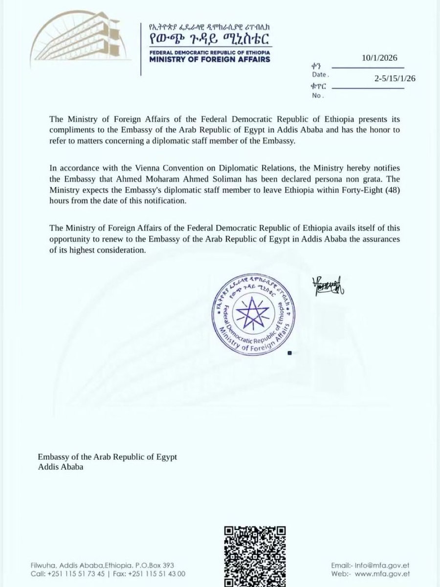 SOSDISPATCHH's tweet photo. 🚨 #Breaking Diplomatic Sequence In The Horn 🇪🇬🇪🇹🇪🇷

1️⃣ #Ethiopia closes its embassy in #Asmara and expels 10 Eritrean diplomats, giving them 48 hours to leave.

2️⃣ #Eritrea responds by severing diplomatic ties with Ethiopia.

3️⃣ #Ethiopia then declares an Egyptian diplomat persona non grata and orders him to leave within 48 hours.

4️⃣ #Egypt responds by declaring an Ethiopian embassy counsellor persona non grata and giving him 48 hours to leave.

The diplomatic fallout is now spreading beyond Ethiopia Eritrea to Ethiopia Egypt.

#Egypt #Eritrea #Ethiopia #HornOfAfrica #Cairo #EastAfrica