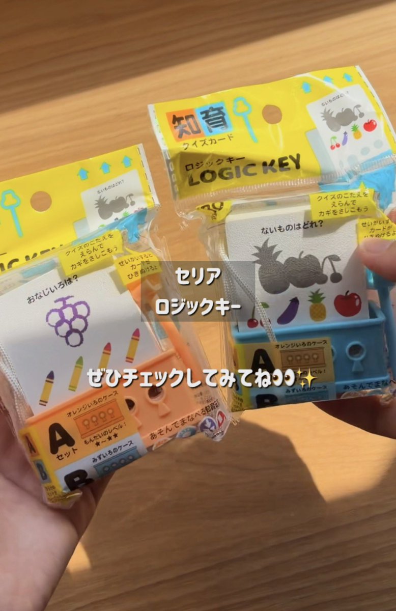cicochami's tweet photo. セリアで見つけた「ロジックキー」🔑🧩
答えを選んで鍵をさすと
カードがスッ……と抜ける😳✨

この「できた！」の達成感がクセになる👏
難易度2種類・全80問で、次々解きたくなる！遊びながら考える力を育てる知育カード📚🔑 https://t.co/W453dIgith