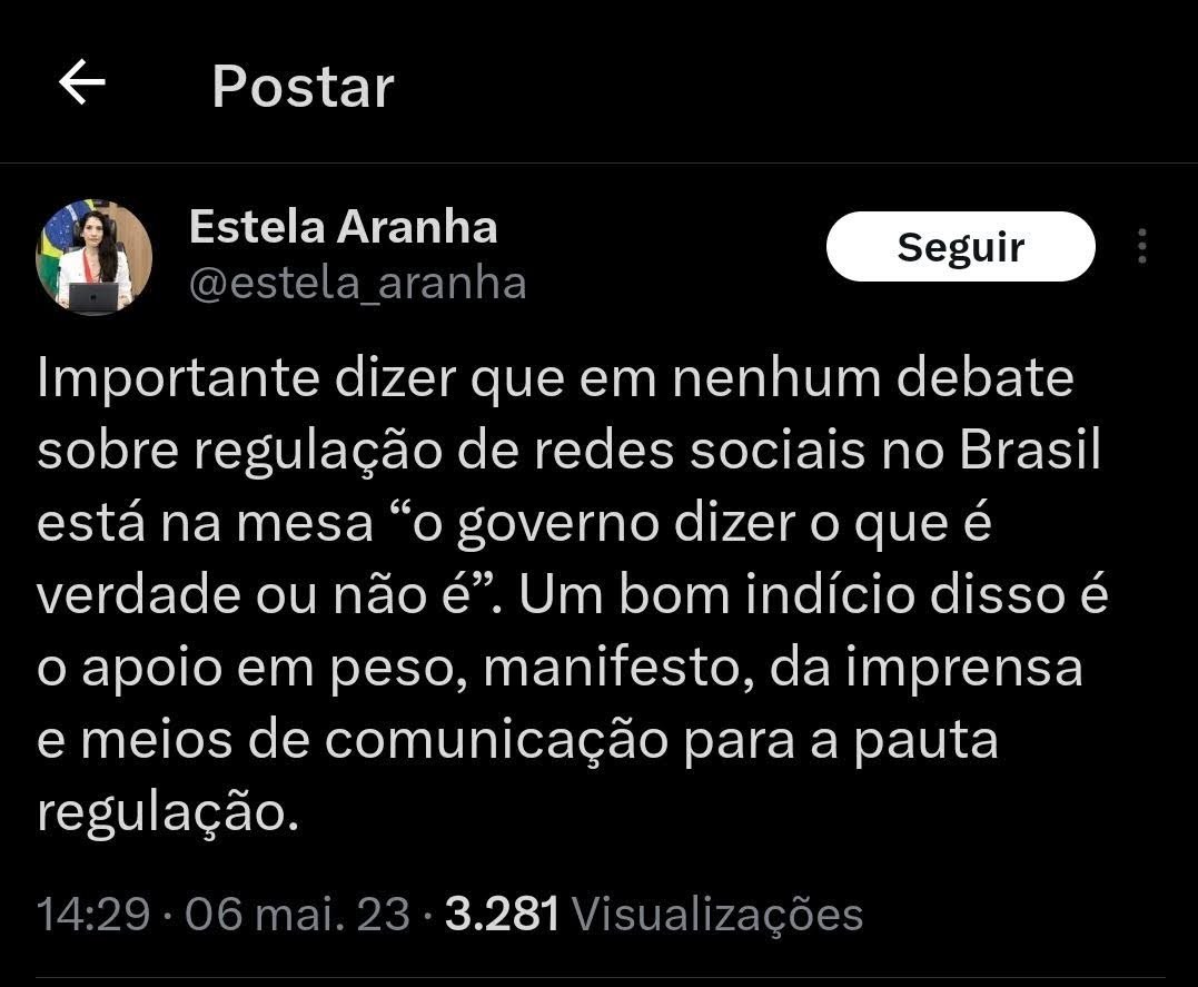 elivieira's tweet photo. Estela Aranha, quando ainda usava o Twitter, fez campanha abertamente pelo PL da Censura (das Fake News; PL 2630/2020). Ela usou o "apoio da imprensa" ao projeto como argumento.

Na data em que ela disse isso, esse apoio tinha outra explicação muito mais plausível. A redação do PL das Fake News na época previa jabá para a imprensa:

O artigo 32 dizia que conteúdos jornalísticos utilizados pelas plataformas “ensejarão remuneração às empresas jornalísticas”.

O movimento pró-censura que criou o PL das Fake News quis comprar a imprensa para implantar mais censura no Brasil. Como houve oposição popular, o PL morreu de inanição. Mas o movimento se reagrupou para implantar os principais dispositivos de censura que queriam pela via da burocracia, canetadas de juiz, ativismo judicial e decretos do Lula. É por isso que Estela Aranha está no TSE. É para fazer o que ela fez esta noite.