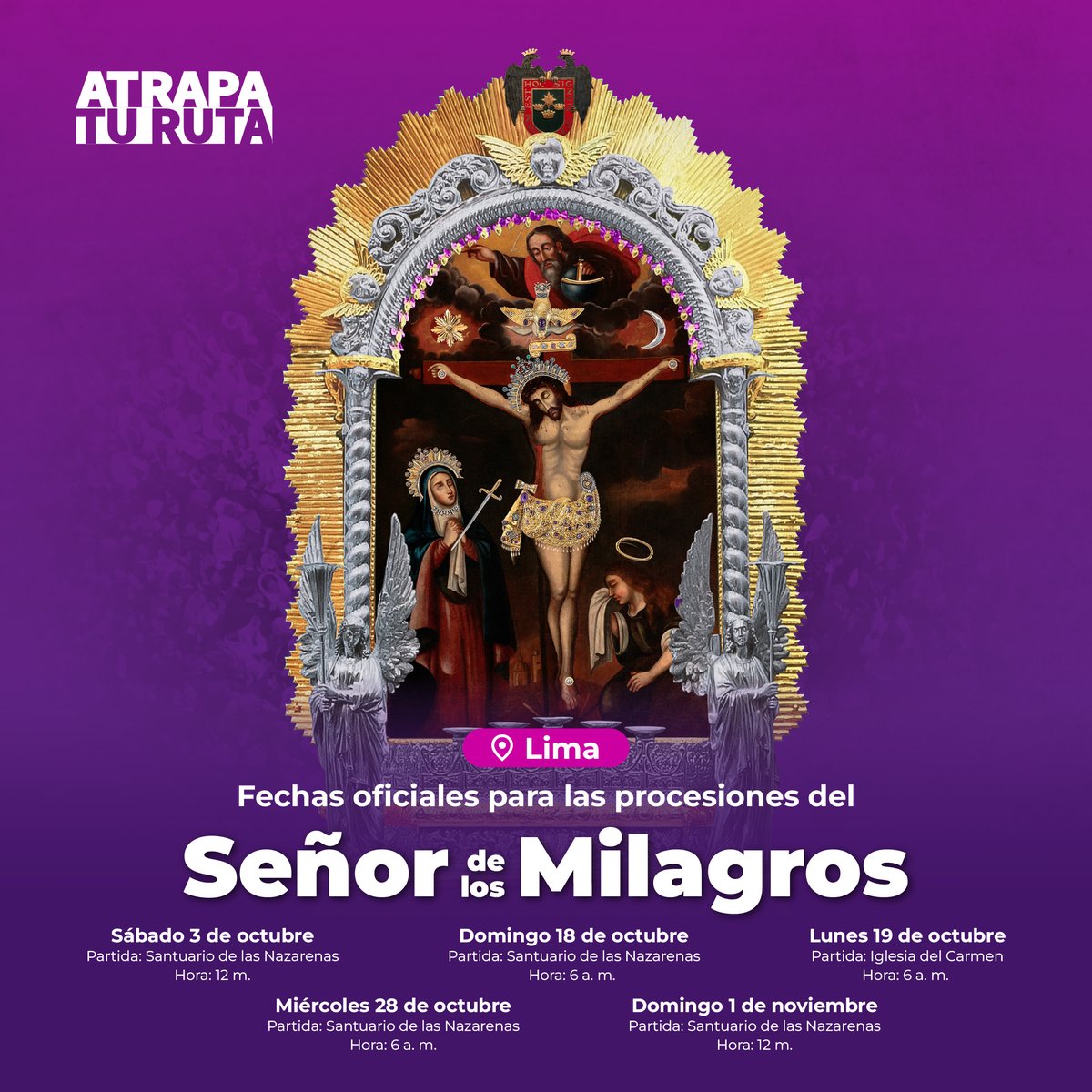 AtrapaTuRuta's tweet photo. 💜 Las calles se tiñen de fe. Acompañamos al #SeñorDeLosMilagros en su recorrido, una ruta de cultura, incienso y tradición. 🇵🇪✨ #AtrapaTuRuta https://t.co/5SLHt79PQD